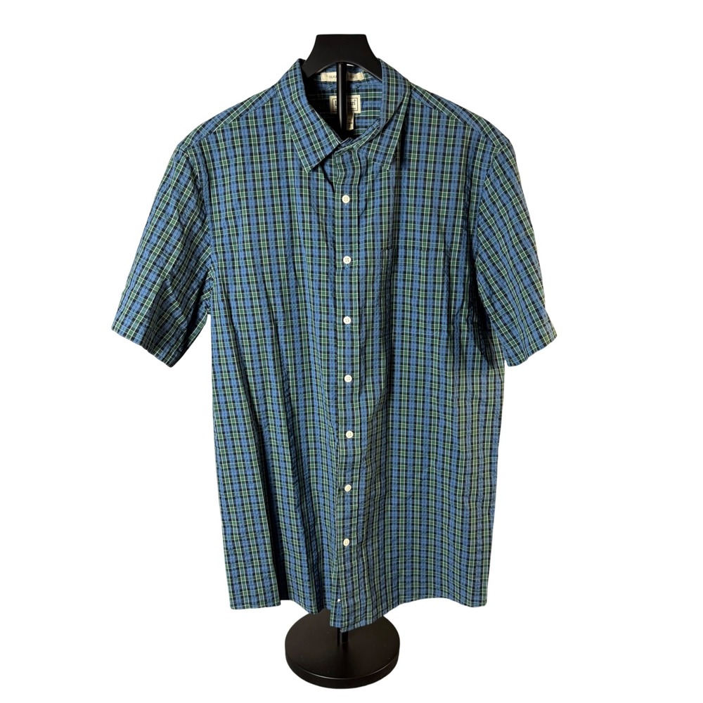 LL Bean Mens Short Sleeve Plaid Button Down Shirt Blue Green L Tall 501959